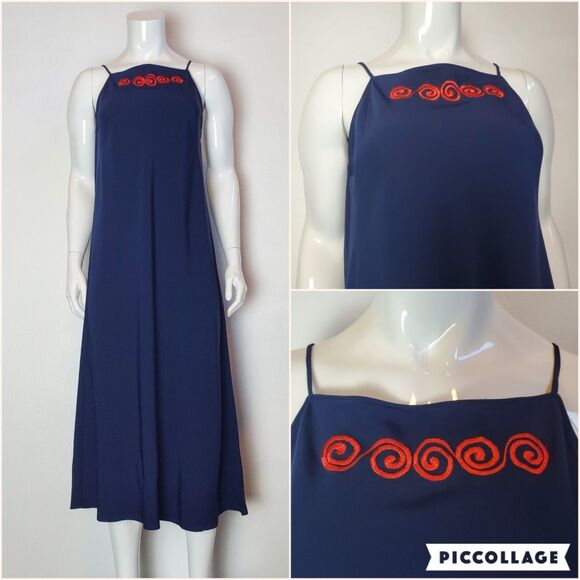 Vintage 90s Josie Navy Blue Red Embroidered Bias Slip Dress - Picture 1 of 8